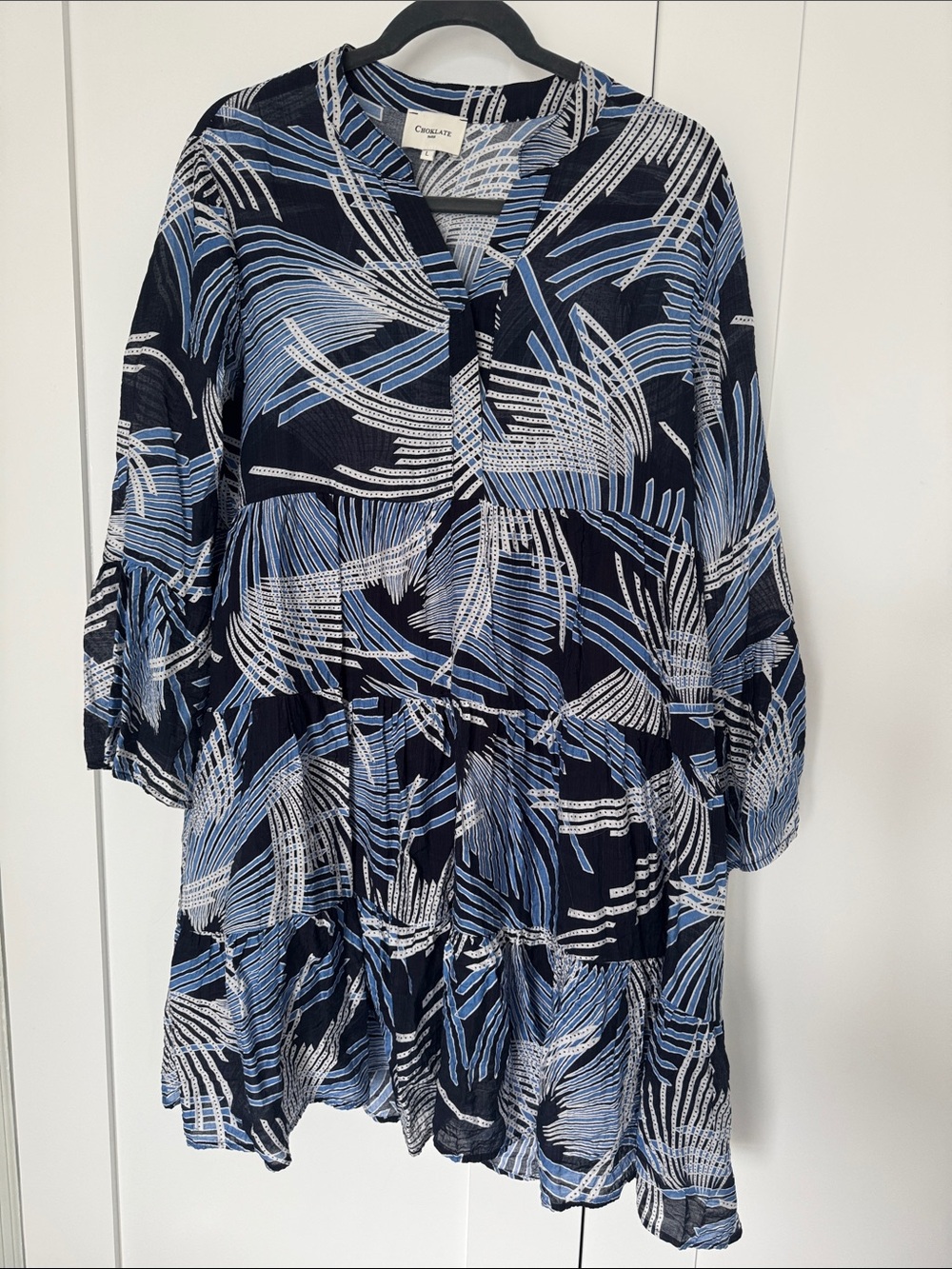 Navy & Light Blue Printed Tiered Long-Sleeve Dress. Light and comfortable.